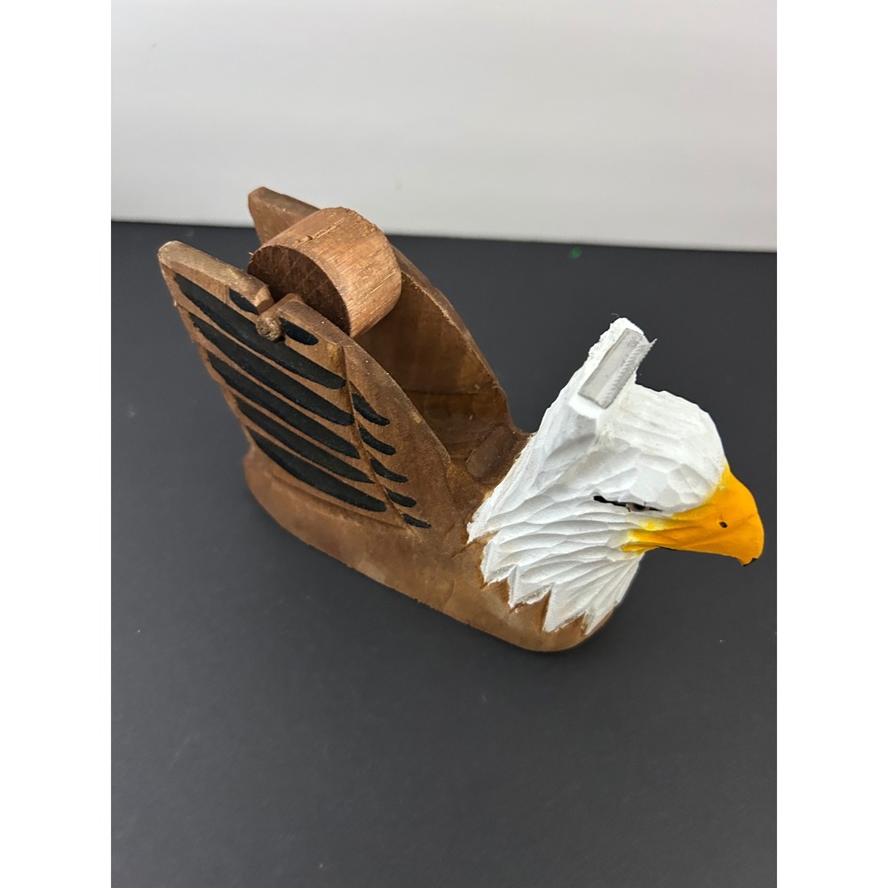 Tape Dispenser Brown White Wood Hand Carved Bald Eagle Figurine Collectible
